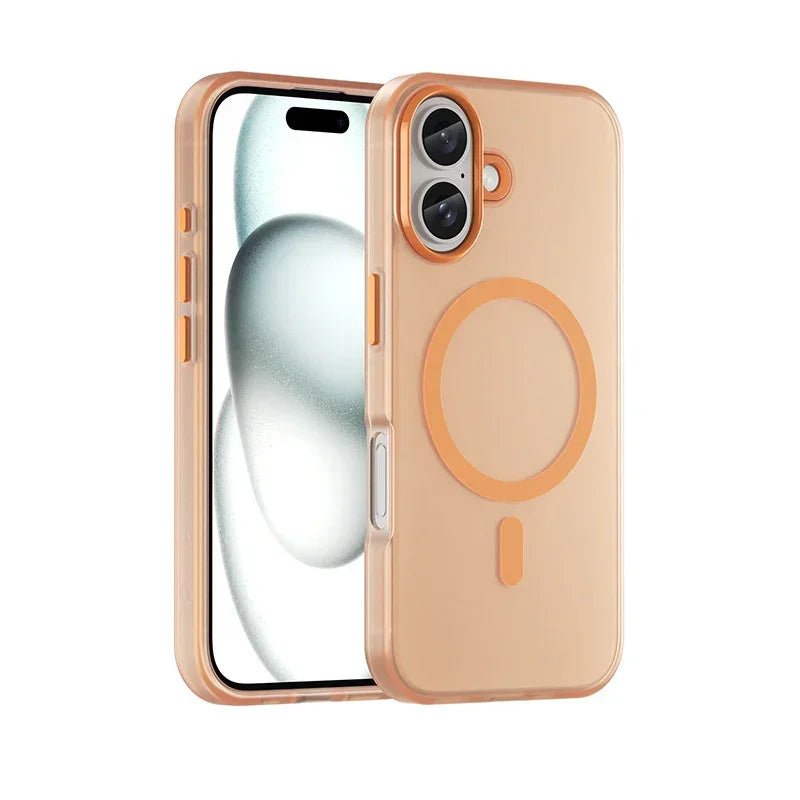 Clear peach protective phone case with MagSafe ring, slim fit, for dual-camera smartphone