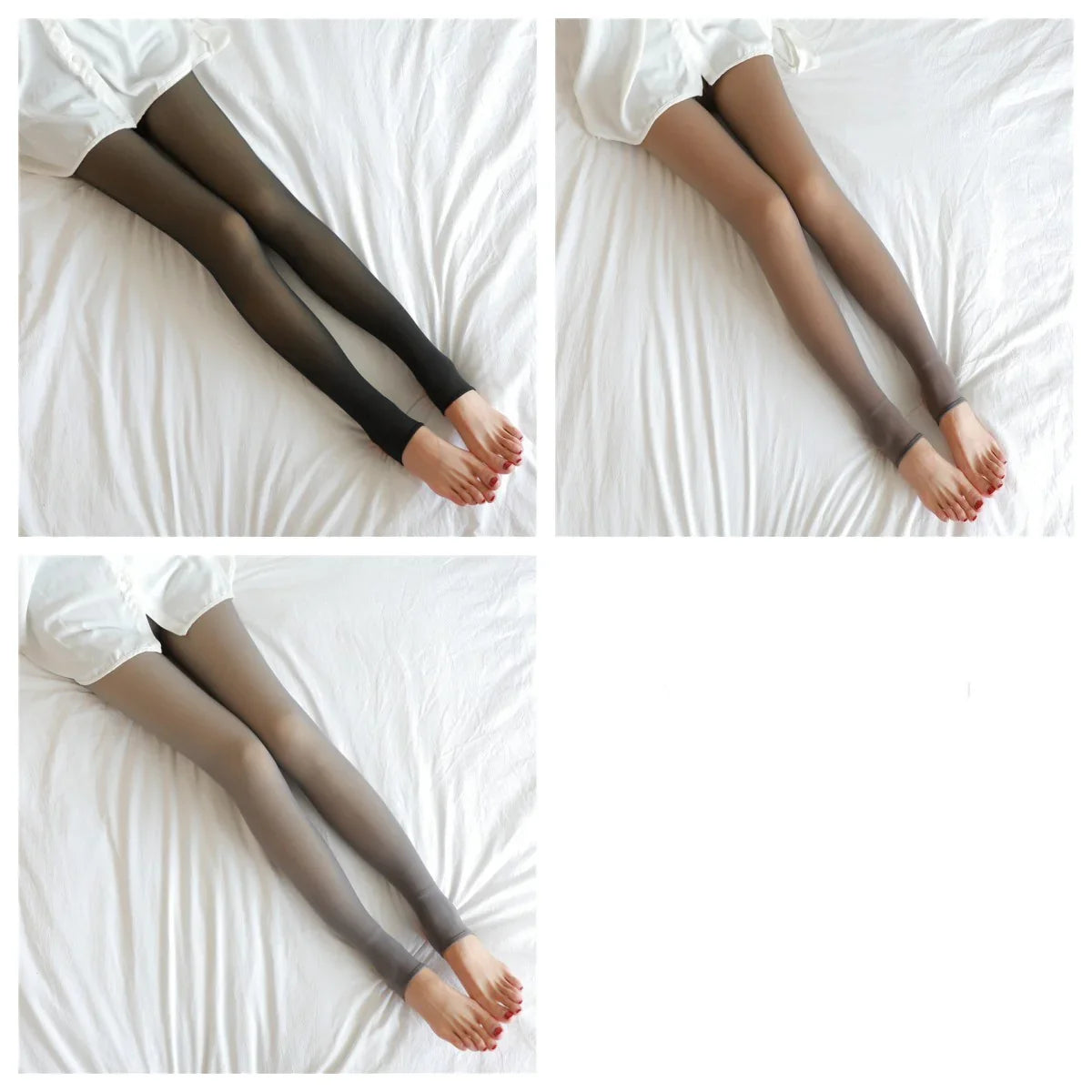 Sheer nylon tights in black, brown, and gray, slim fit, modeled on a bed