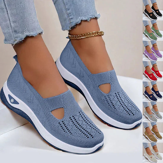 Light blue breathable slip-on knit sneakers, round toe, white soles, casual fit, multiple color options.