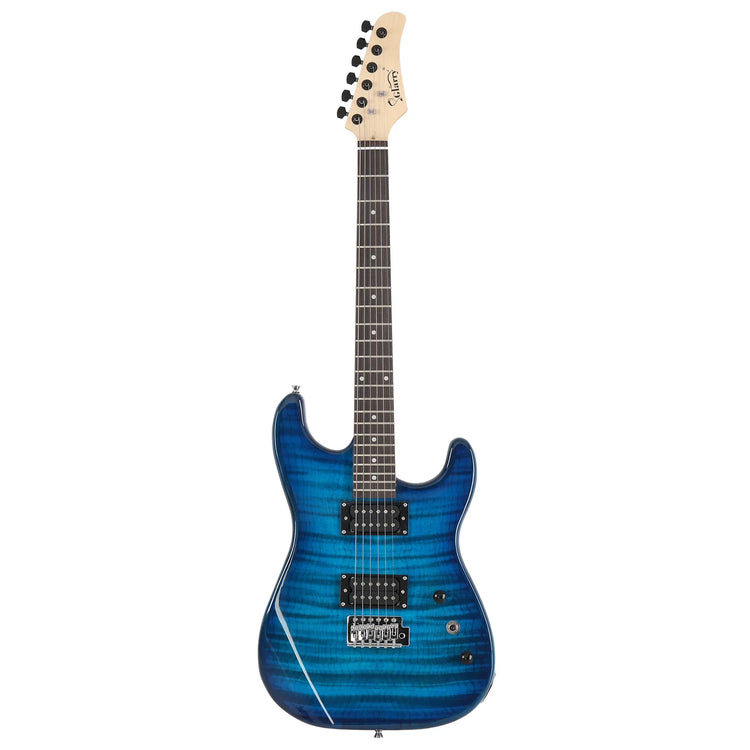 Electric guitar with a blue flame maple top, black pickups, and a maple neck