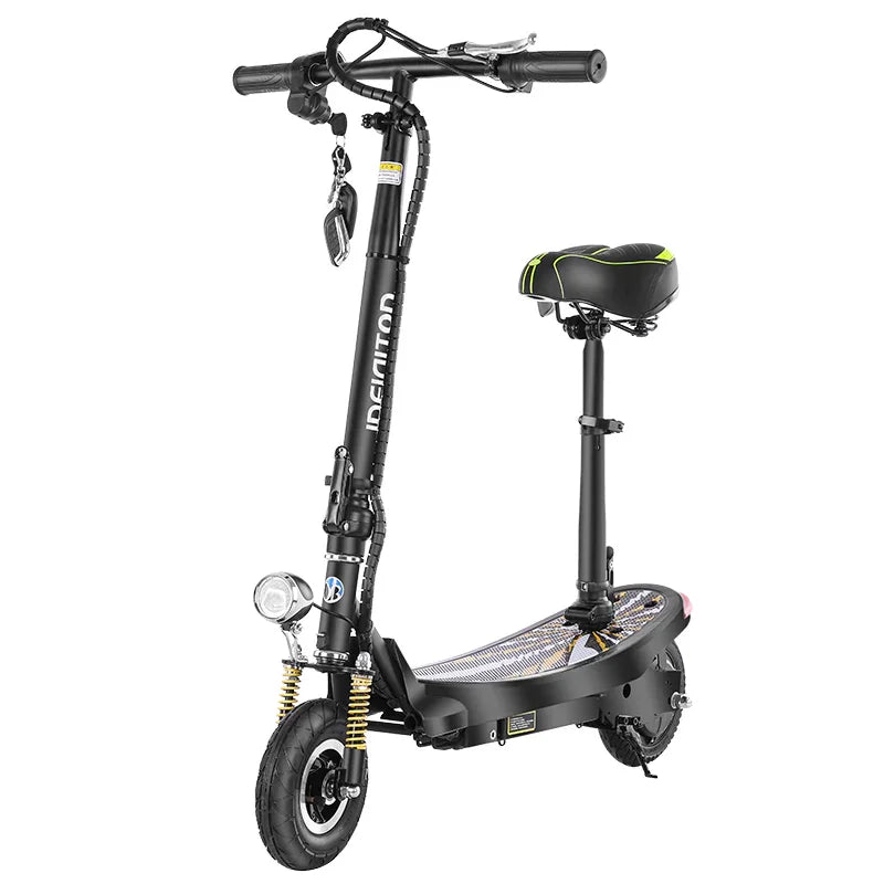 Black electric scooter with padded seat, sturdy frame, front light, and shock-absorbing tires.