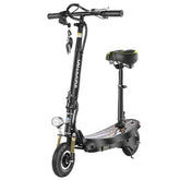Black electric scooter with padded seat, sturdy frame, front light, and shock-absorbing tires.