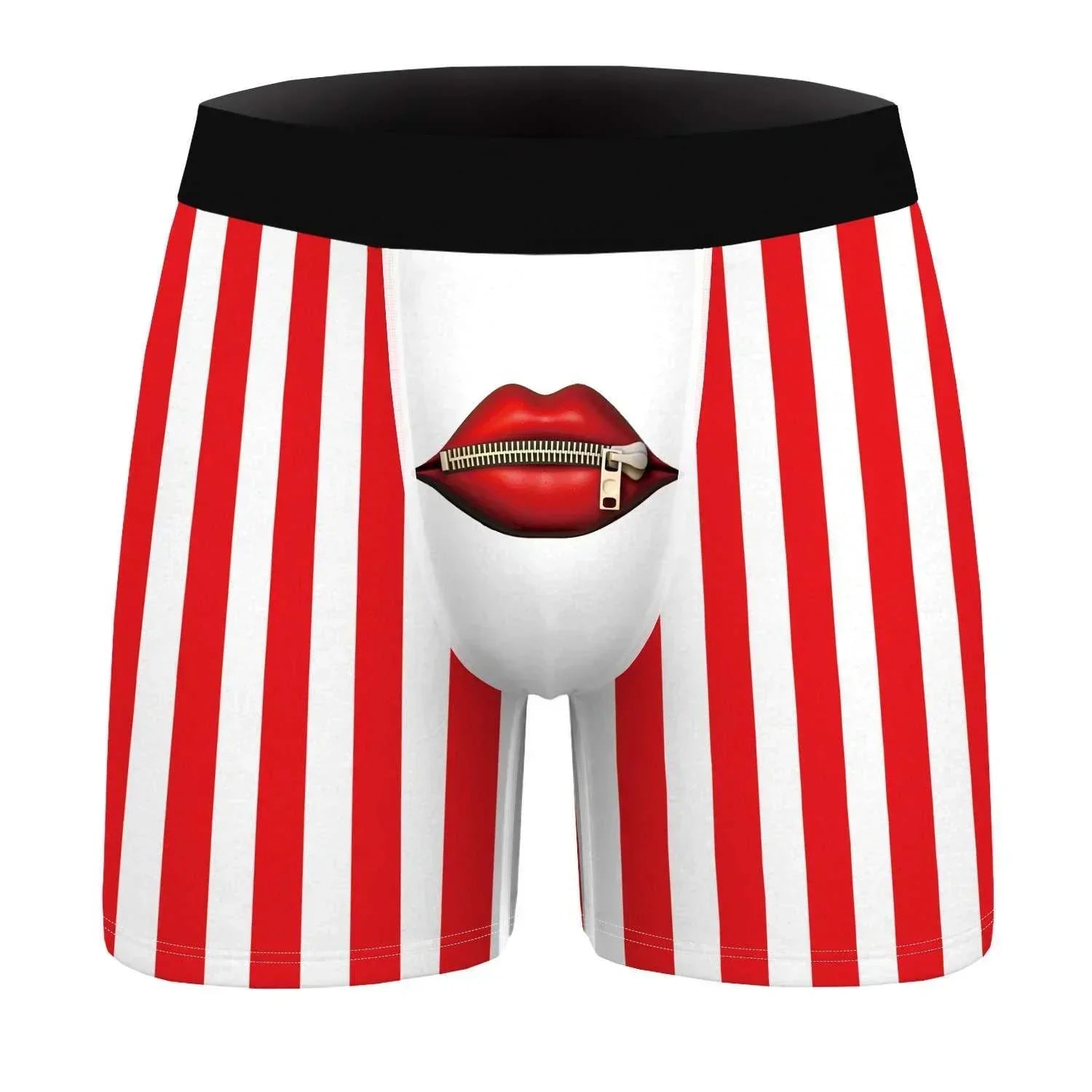 Red and white striped men's boxer briefs with black waistband and lips zipper graphic on front