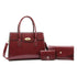 Set of burgundy faux leather handbags and wallets with gold-tone hardware, structured fit
