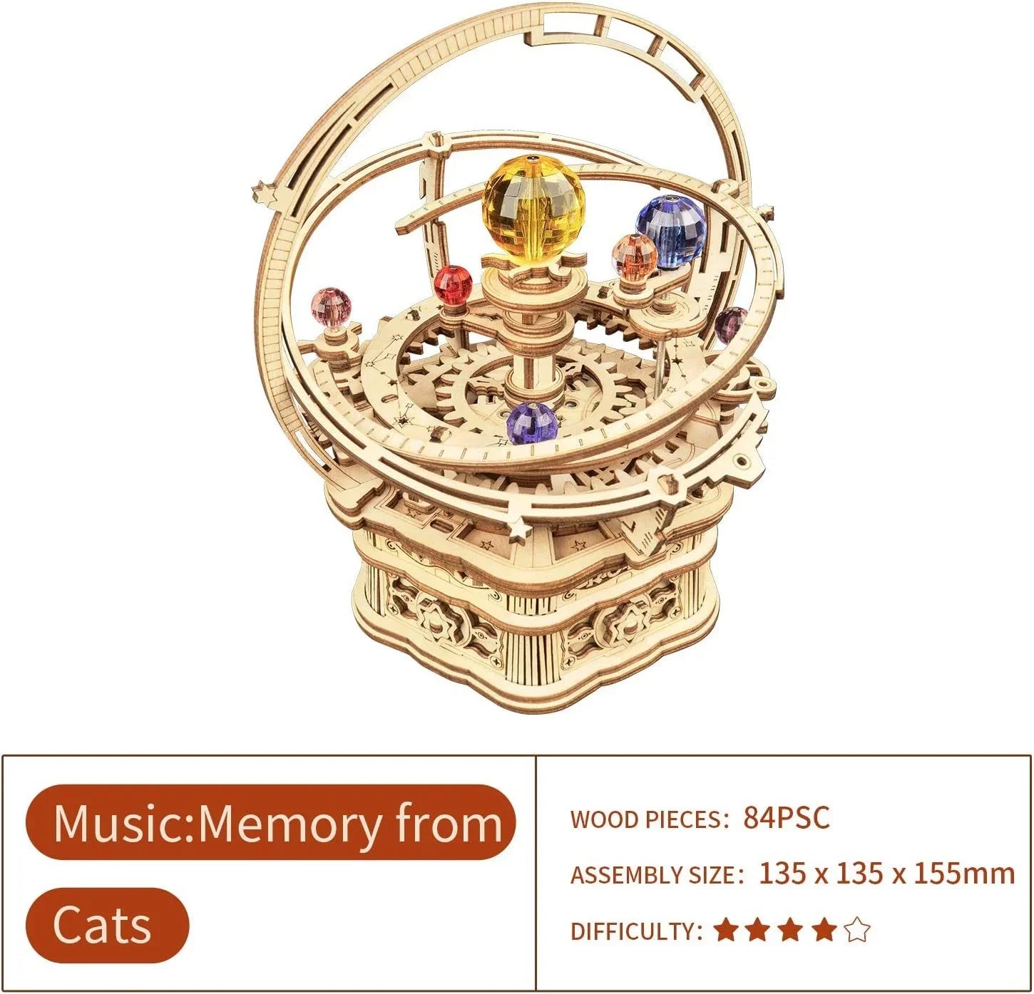 Ornate wooden music box model kit with colorful crystal spheres and planetary design, 84 pieces.
