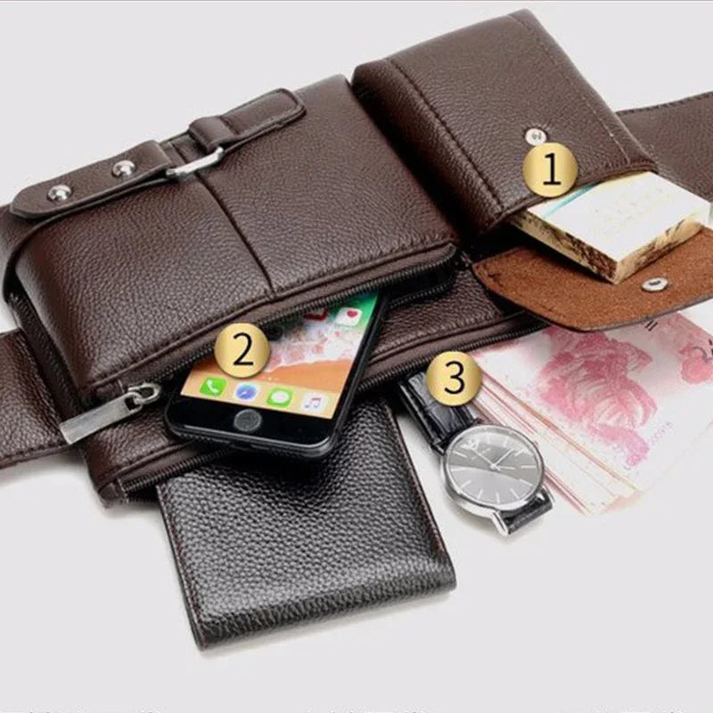 Dark brown leather belt bag with multiple compartments, snug fit, showing phone, wallet, watch.