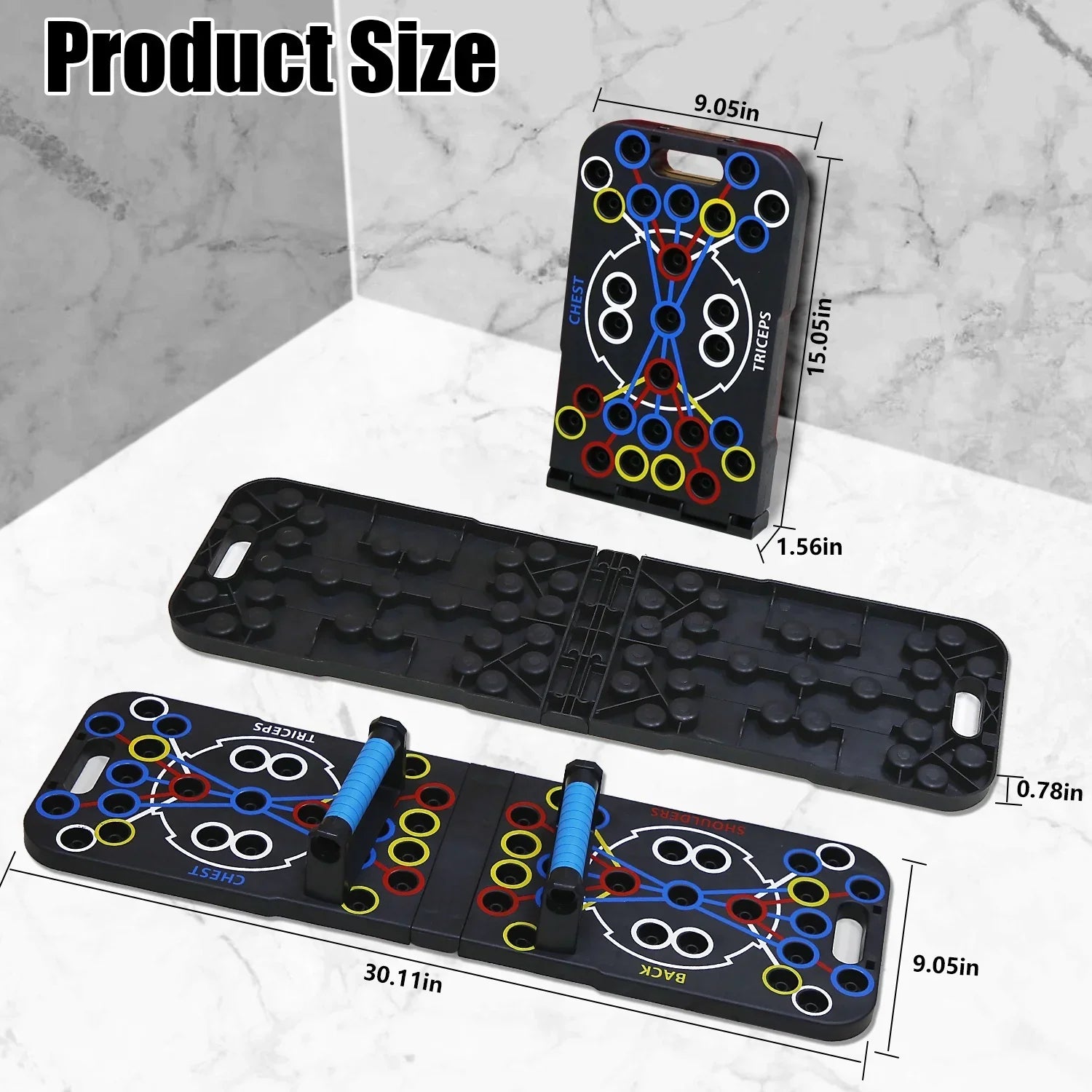 Foldable push-up board with color-coded slots, black plastic, easy-grip handles, size dimensions shown
