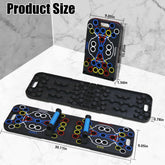 Foldable push-up board with color-coded slots, black plastic, easy-grip handles, size dimensions shown