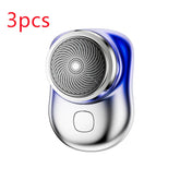 Silver portable electric shaver with ergonomic grip and metallic finish, includes 3 pieces