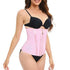 Woman wearing a pink waist trainer corset with zipper, black bra and briefs, slim fit style