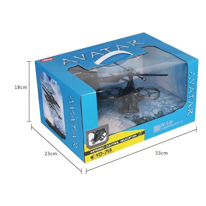 Blue boxed toy helicopter with infrared control, clear display window, and product dimensions shown.
