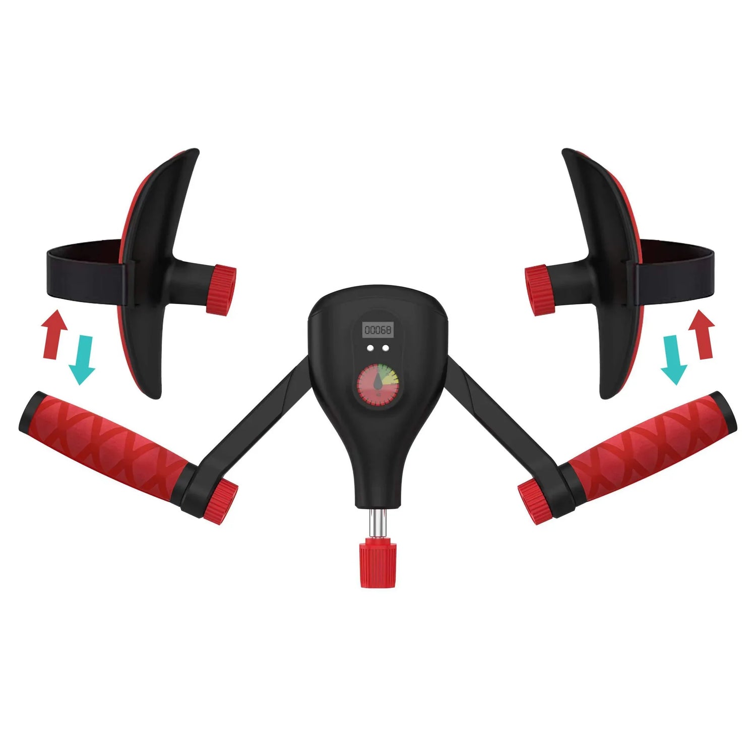 Black and red handheld fitness device with digital display and textured grips