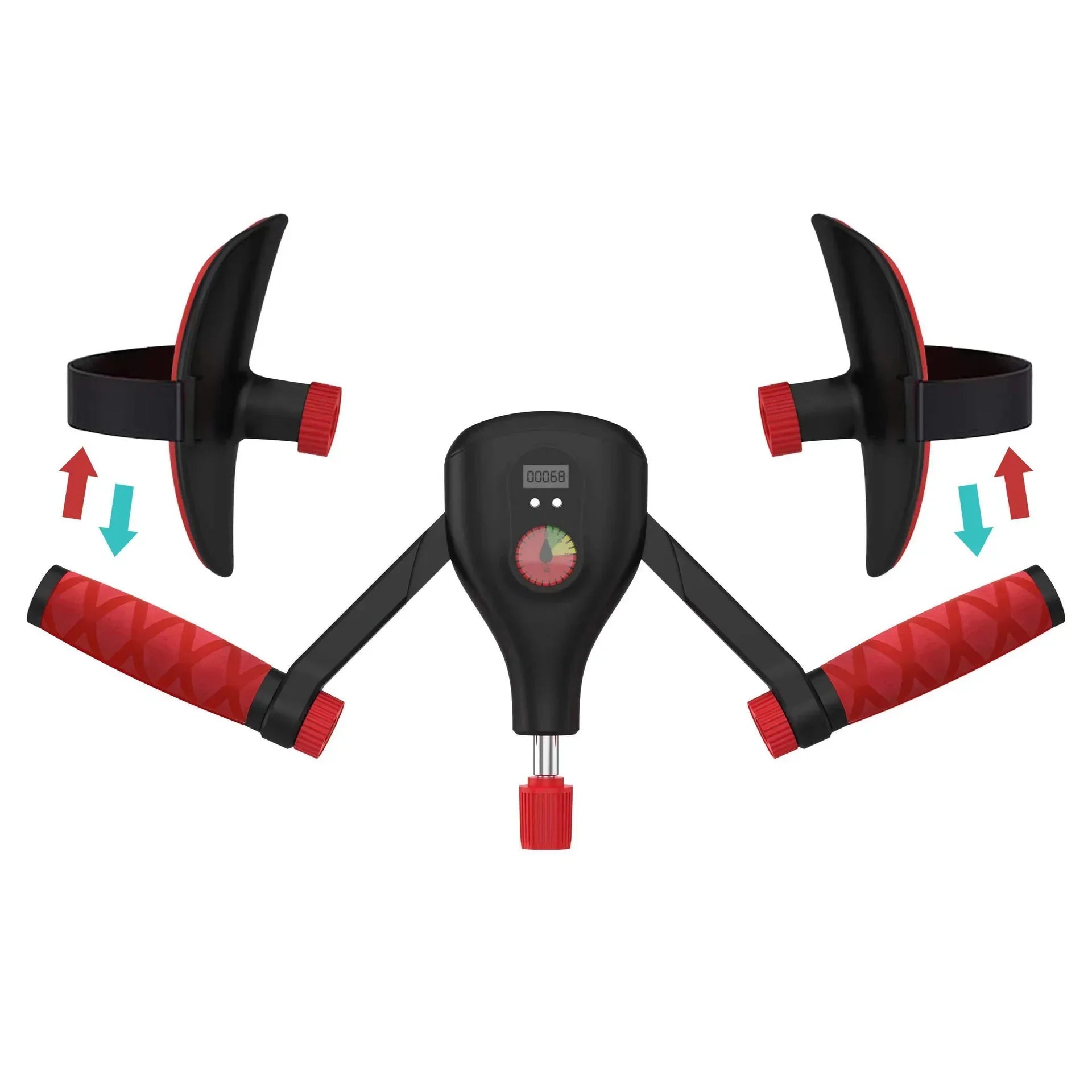 Black and red handheld fitness device with digital display and textured grips