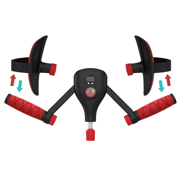 Black and red handheld fitness device with digital display and textured grips