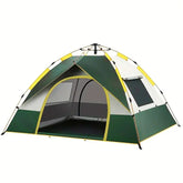 Green and yellow dome tent with mesh windows, waterproof fabric, and spacious interior