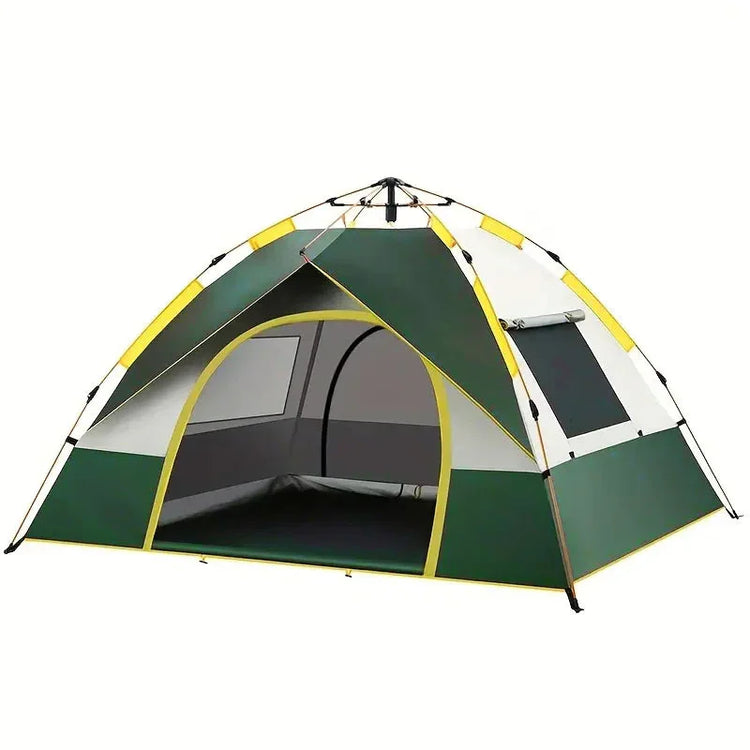 Green and yellow dome tent with mesh windows, waterproof fabric, and spacious interior