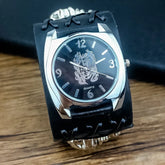 Black leather wide strap watch with stainless steel case and flame pattern dial, modern streetwear accessory