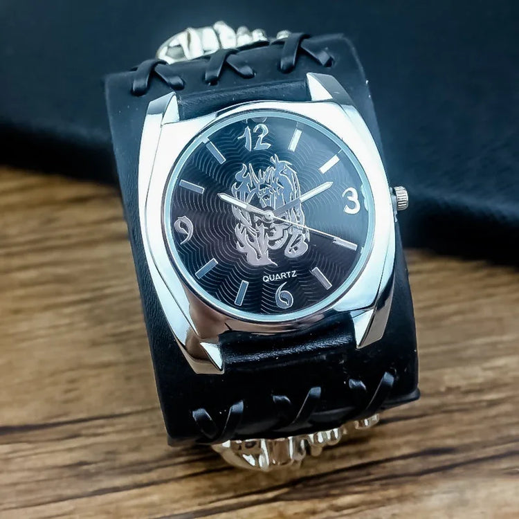 Black leather wide strap watch with stainless steel case and flame pattern dial, modern streetwear accessory