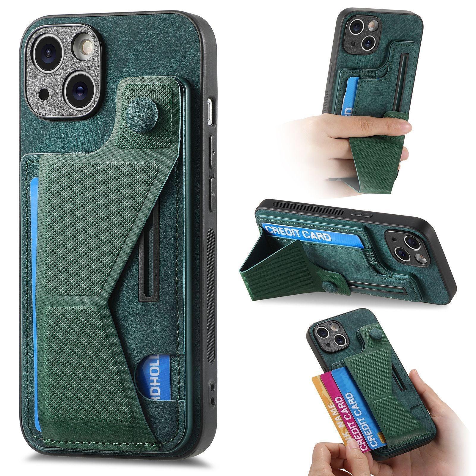 Green faux leather phone case with card holder, kickstand, and secure grip strap.