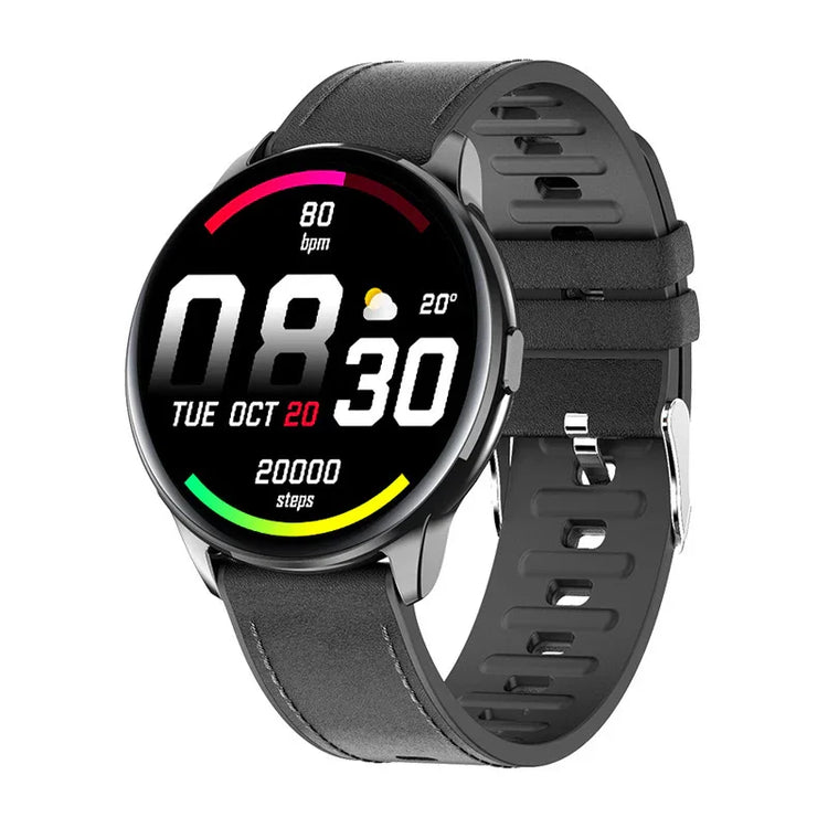 Black round smart watch with leather strap, digital display, fitness tracking features