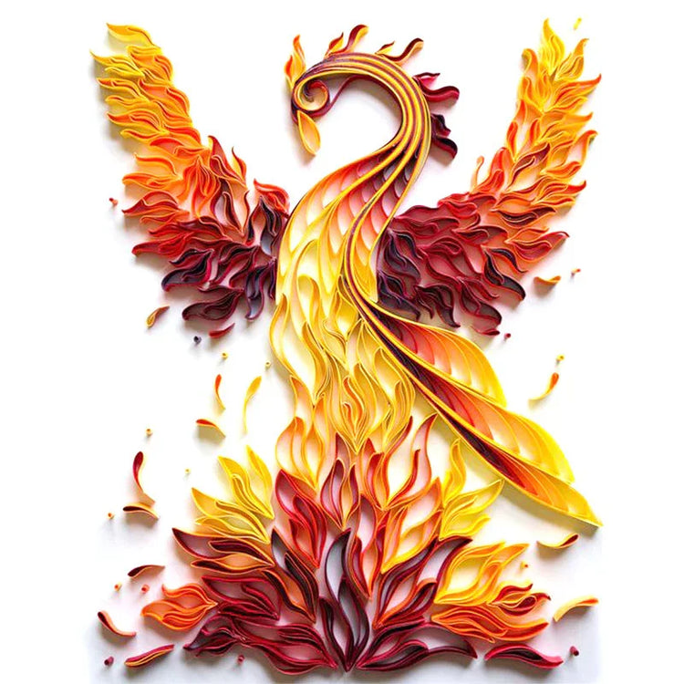 Abstract phoenix artwork in yellow, orange, and red paper quilling style, fiery design