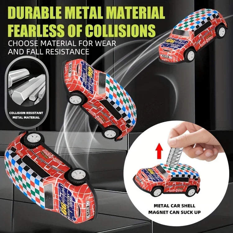 Red and blue checkered metal toy car, durable collision-resistant material, magnetic shell.