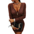Brown cable knit bodycon mini dress with zipper front, long sleeves, and close fit