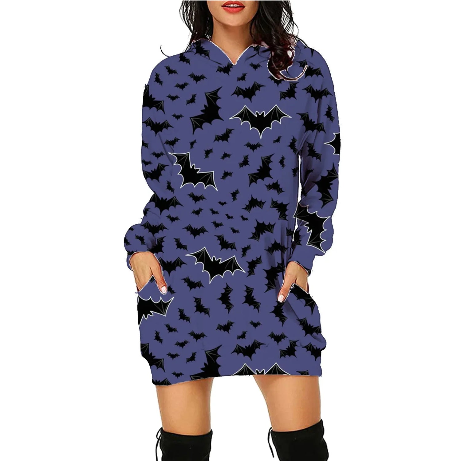 Woman wearing a loose-fit purple hoodie dress with black bat print and long sleeves