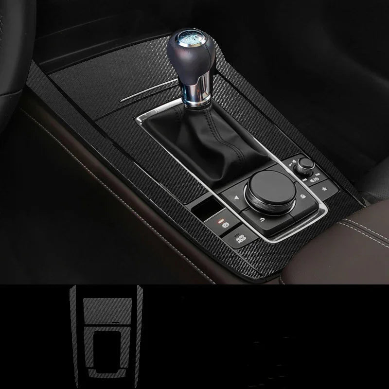 Black carbon fiber car center console trim, gear shift cover, modern automotive interior