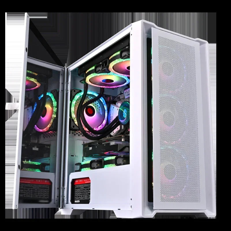 White RGB gaming PC case with tempered glass, mesh front panel, and colorful LED fans.