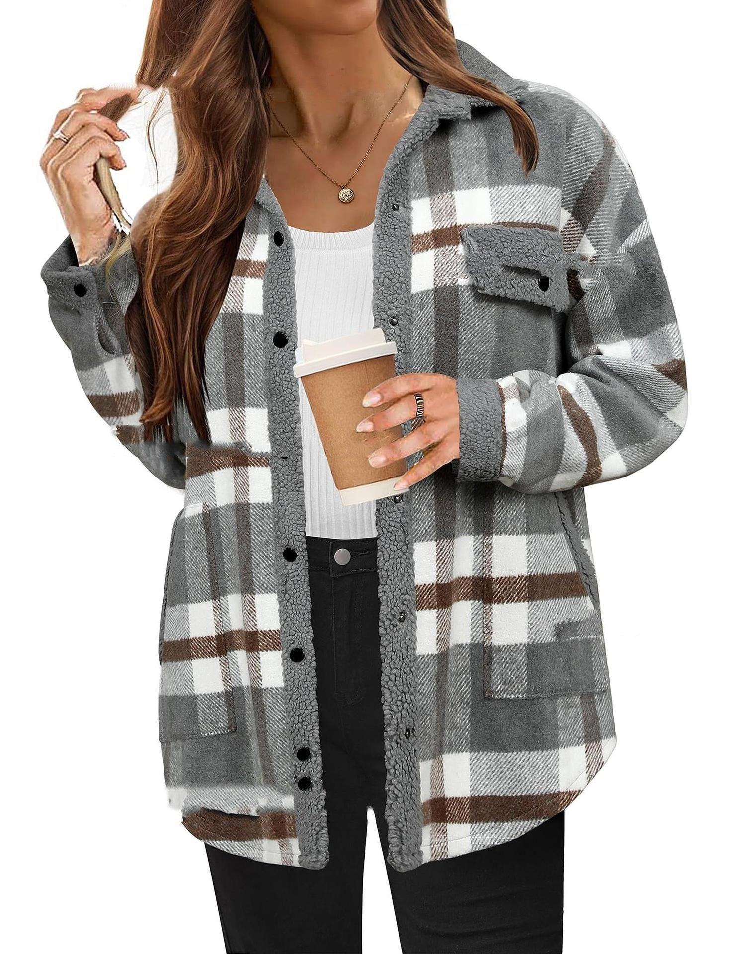 Woman wearing a gray and brown plaid fleece shacket, relaxed fit, over a white ribbed top