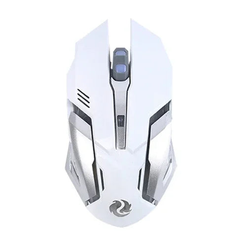 Futuristic white wireless mouse with angular design and silver accents, ergonomic fit