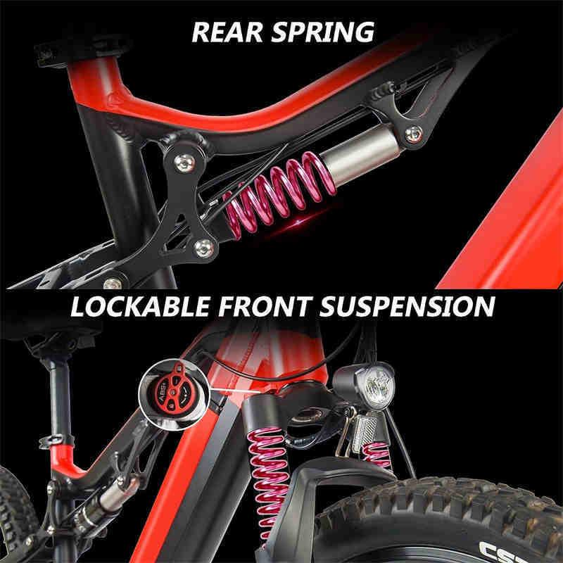 Close-up of a red mountain bike featuring rear spring shock absorber and lockable front suspension.