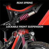 Close-up of a red mountain bike featuring rear spring shock absorber and lockable front suspension.