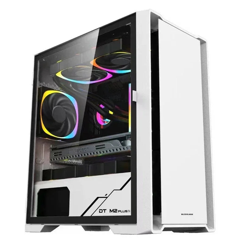 White mid-tower PC case with tempered glass, RGB fans, and modern minimalist design