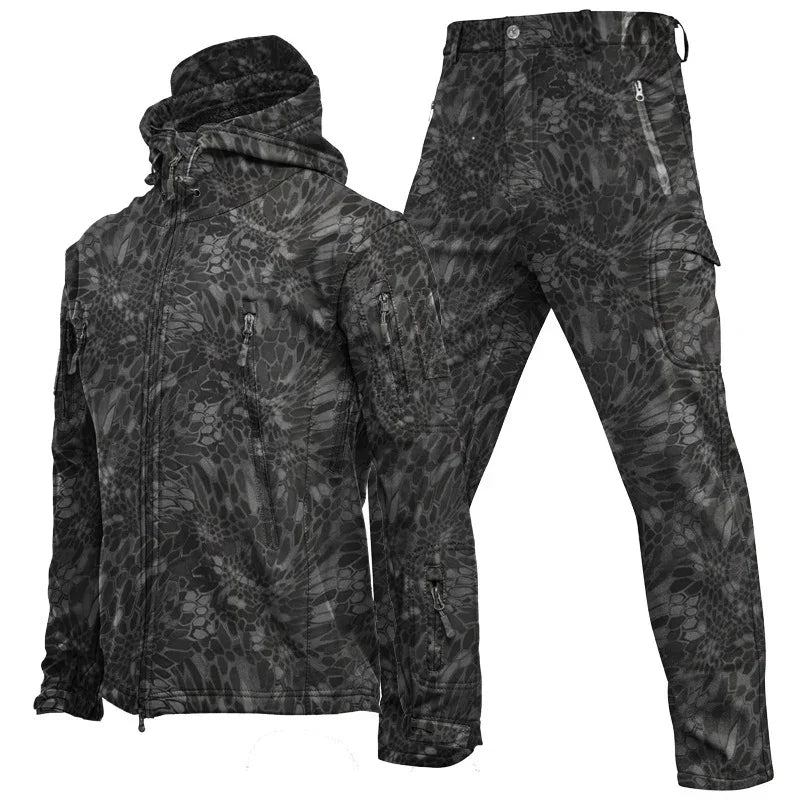 Black tactical jacket and cargo pants set with geometric camouflage pattern, slim fit
