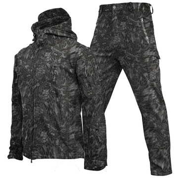 Black tactical jacket and cargo pants set with geometric camouflage pattern, slim fit