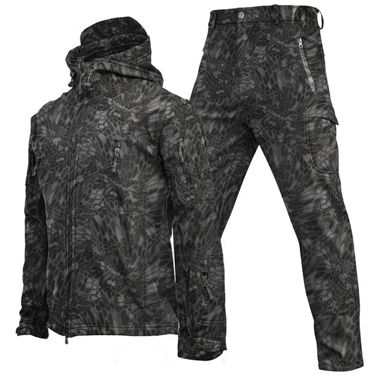Black tactical jacket and cargo pants set with geometric camouflage pattern, slim fit