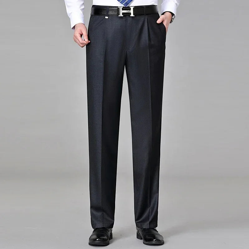 Men's straight-leg black dress pants, classic fit, pressed creases, formal style