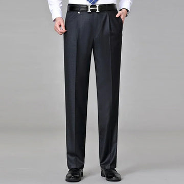 Men's straight-leg black dress pants, classic fit, pressed creases, formal style