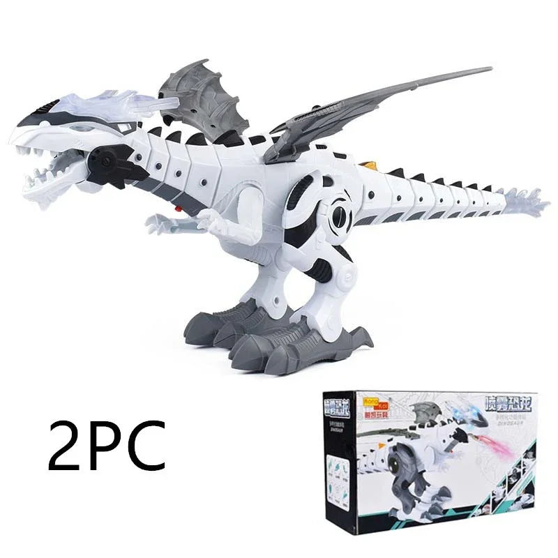 Futuristic white and grey robotic dinosaur toy with box and dragon wings, plastic material