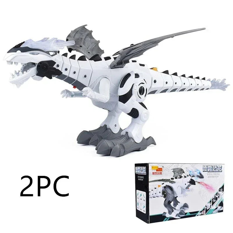 Futuristic white and grey robotic dinosaur toy with box and dragon wings, plastic material