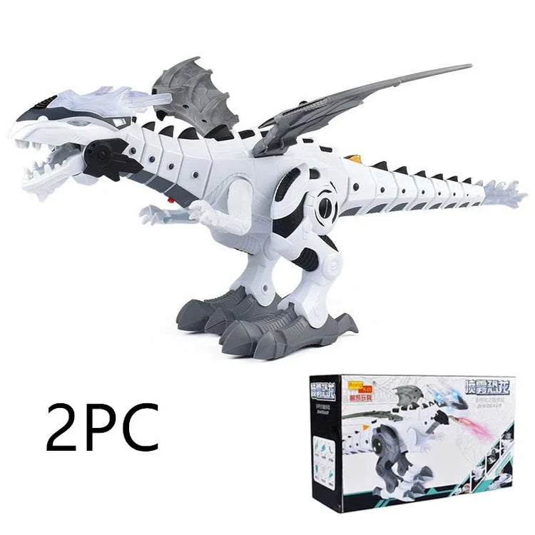 Futuristic white and grey robotic dinosaur toy with box and dragon wings, plastic material