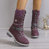 Purple lace-up winter boots with knit cuffs, rugged sole, and side buckle detail, mid-calf fit.