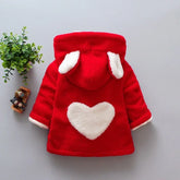 Red fleece hooded jacket with white heart patch and ear accents, cozy relaxed fit