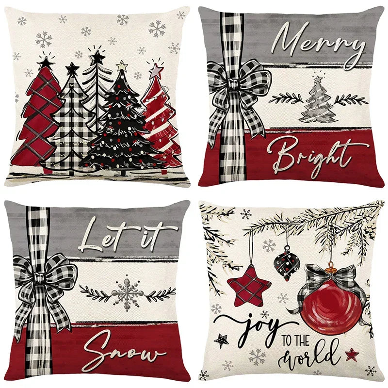Set of decorative throw pillow covers with Christmas patterns, red and plaid designs, festive text accents, cotton linen look.