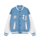 Blue and white varsity jacket with cloud patches, striped ribbed cuffs, relaxed fit