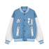 Blue and white varsity jacket with cloud patches, striped ribbed cuffs, relaxed fit