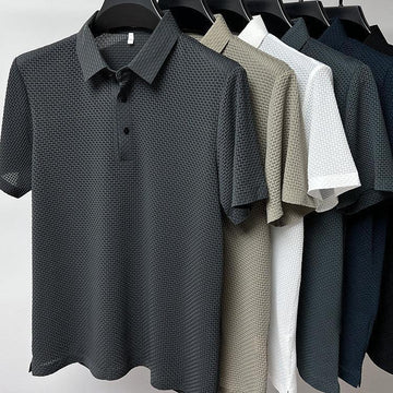 Textured short sleeve polo shirts in black, grey, beige, and white, relaxed fit, waffle knit fabric