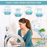 Woman loading white clothes into washing machine, highlighting easy-care wash instructions.
